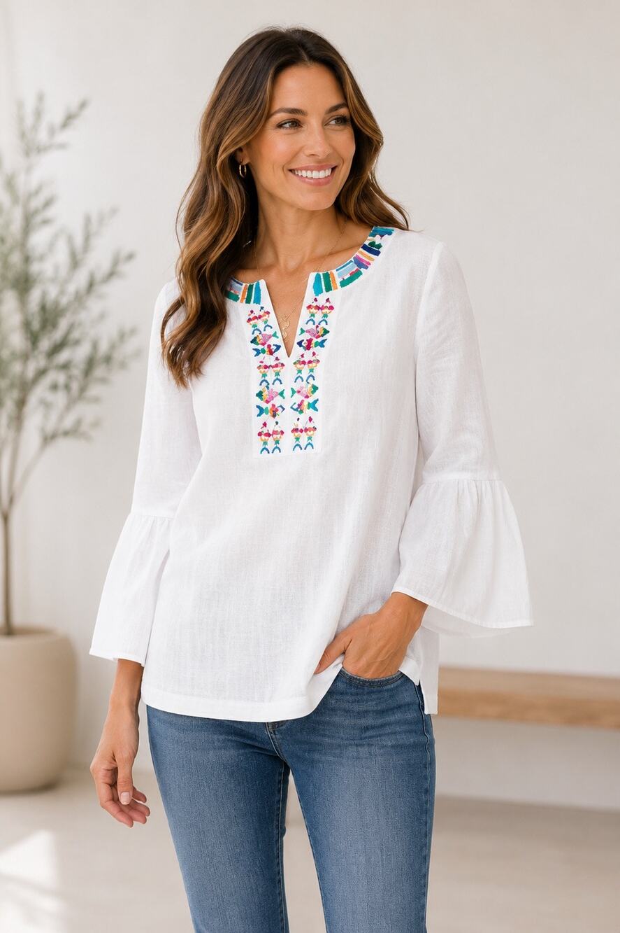 Talbots 100% Linen Embellished Fish Tunic Top Women’s Large White Beaded